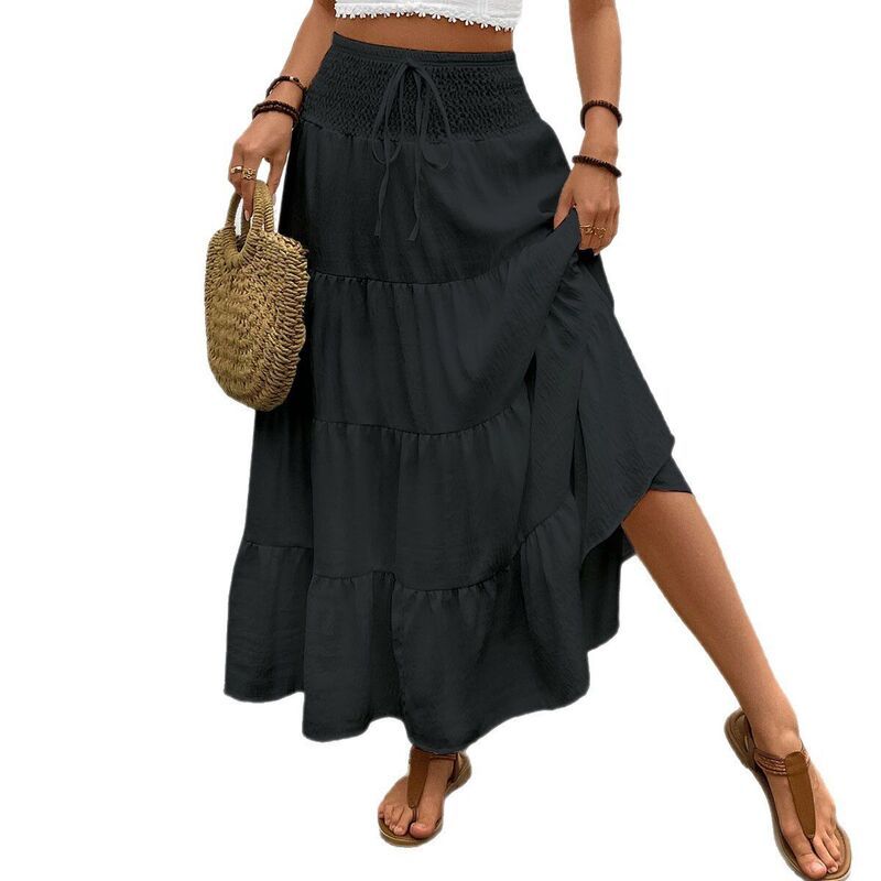 クリアフラワー レディース ボトムスカート ティアード ハイウエスト シャーリング マキシ ClearFlower Womens Tie red Maxi Skirt High Waist Smock