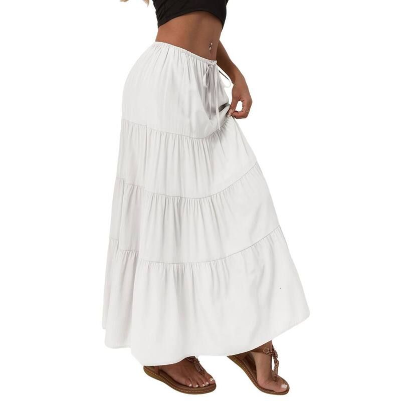 エリートスピリット レディース ボトムスカート ティアード マキシ EliteSpirit Womens Elastic Waist Drawstring Tie red Flowy Relaxed