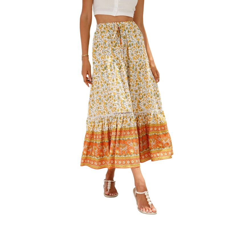 セオリア レディース ボトムスカート ティアード A ライン ハイウエスト フラワー柄 プリント マキシ フラワー Seoria Womens Boho Floral Print High Waist