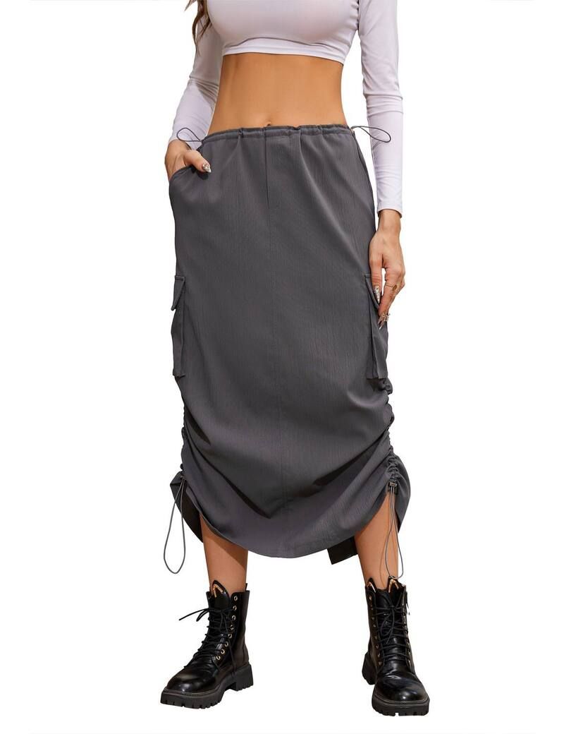 ファンジュライ レディース ボトムスカート ローライズ FUNJULY Womens Low Rise Cargo Skirt With Pockets Drawstrin gray グレー