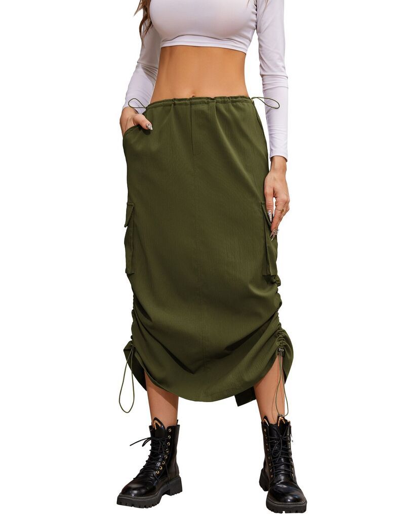 ファンジュライ レディース ボトムスカート ローライズ FUNJULY Womens Low Rise Cargo Skirt With Pockets Drawstring Army Green グ