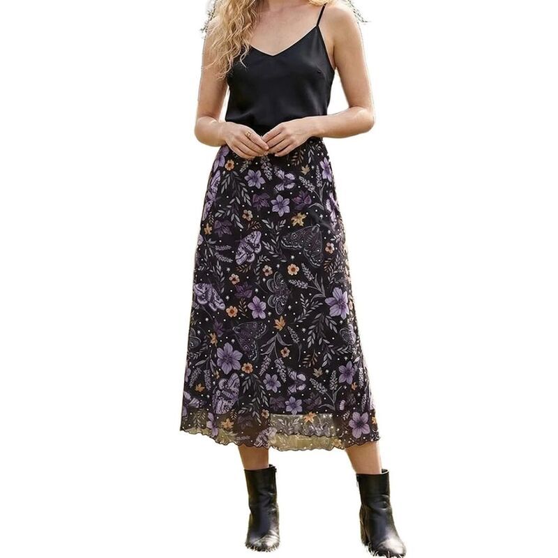 イエスファッション レディース ボトムスカート A ライン フラワー柄 メッシュ ミディ フラワー Yesfashion Womens Floral Mesh Elastic High Waisted