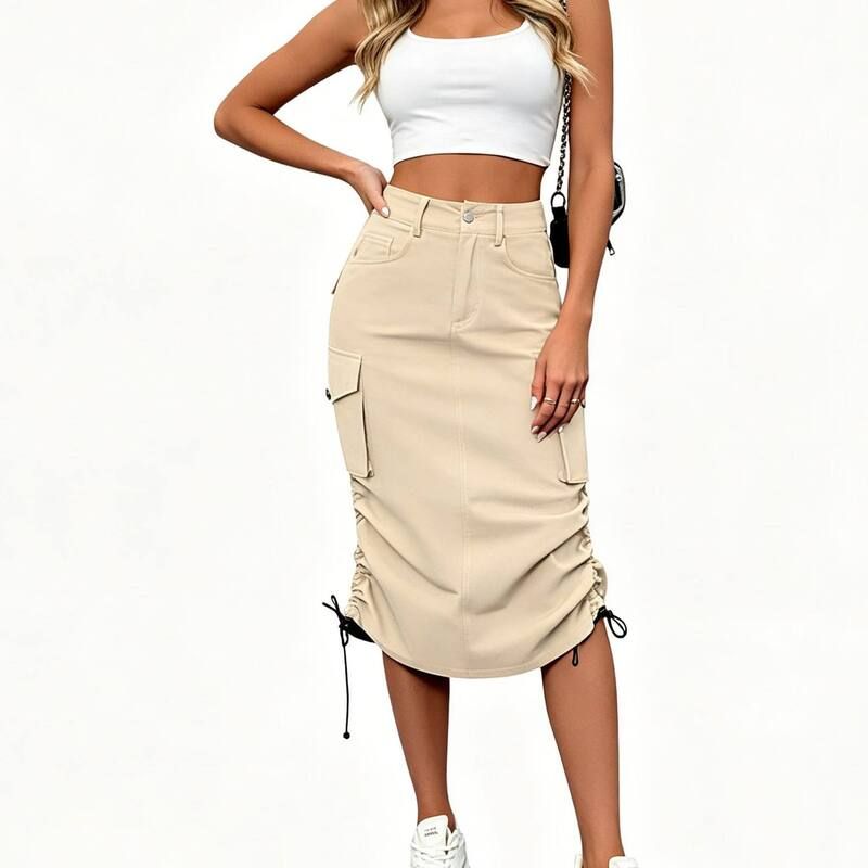 エリートスピリット レディース ボトムスカート ハイウエスト ギャザー ミディ EliteSpirit Womens High Waist Cargo Midi Skirt Drawstring Ru