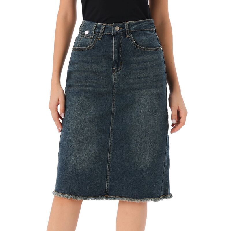 アレグラ ケー レディース ボトムスカート ハイウエスト ミディ デニム ALLEGRA K Womens High Waist Solid Jean Skirt Back Vent Midi Len