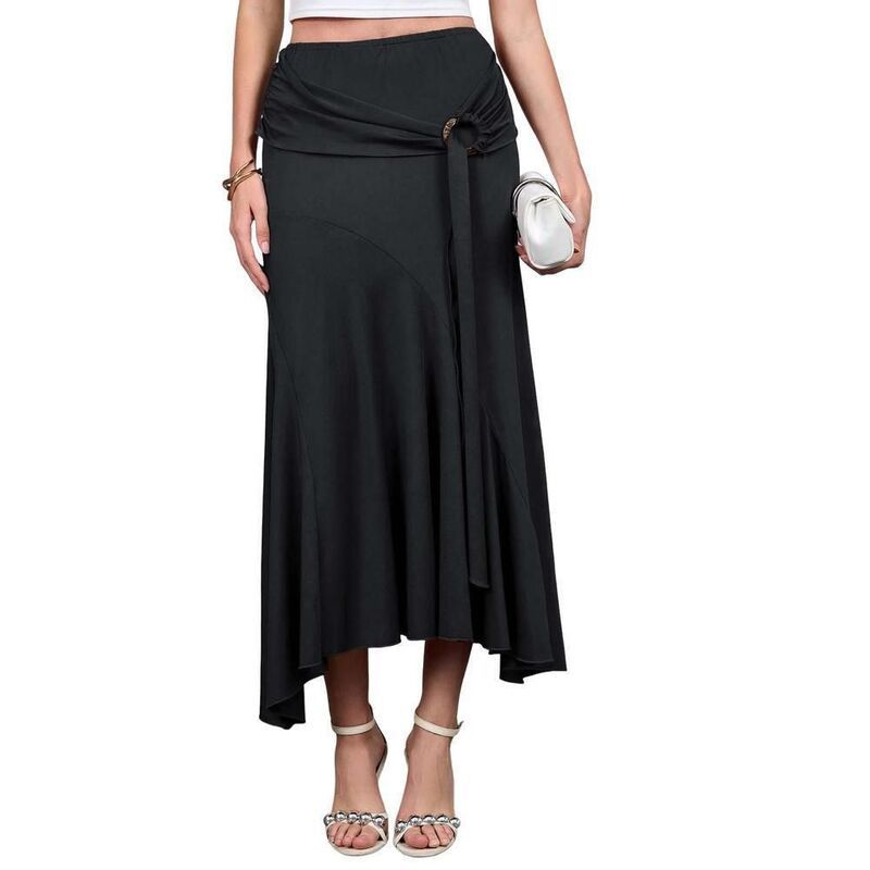 イエスファッション レディース ボトムスカート A ライン アシンメトリー ハイウエスト ミディ Yesfashion Womens High Waist Asymmetric Wrap Midi S