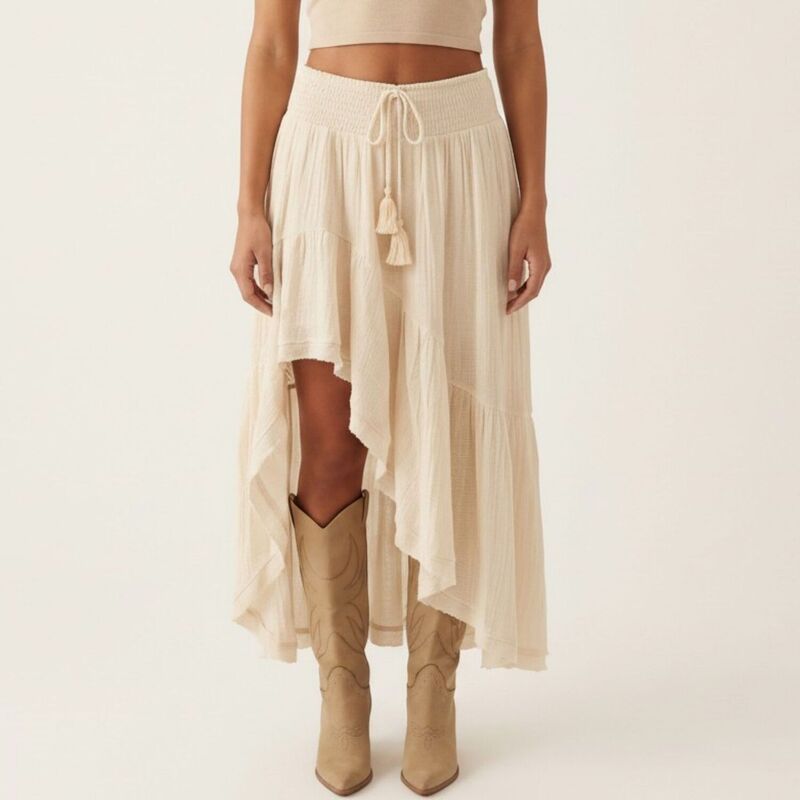 アンナカシ レディース ボトムスカート ティアード シャーリング マキシ AnnaKaci Womens High Low Maxi Skirt Smocked Waistassel Tie Flow