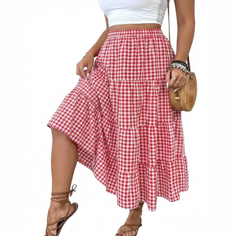 セオリア レディース ボトムスカート ティアード ギンガムチェック プラスサイズ マキシ ギンガム Seoria Plusize Gingham Tie red Maxi Skirt Red Plai