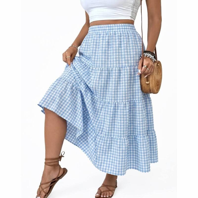 セオリア レディース ボトムスカート ティアード ギンガムチェック プラスサイズ マキシ ギンガム Seoria Plusize Gingham Tie red Maxi Skirt Blue Pla