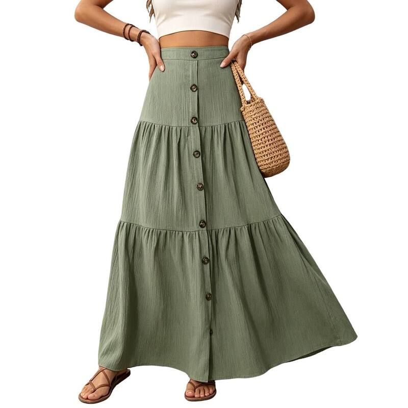 クリアフラワー レディース ボトムスカート ティアード マキシ ClearFlower Womens High Waisted Tie red Maxi Skirt Button Fron Elast