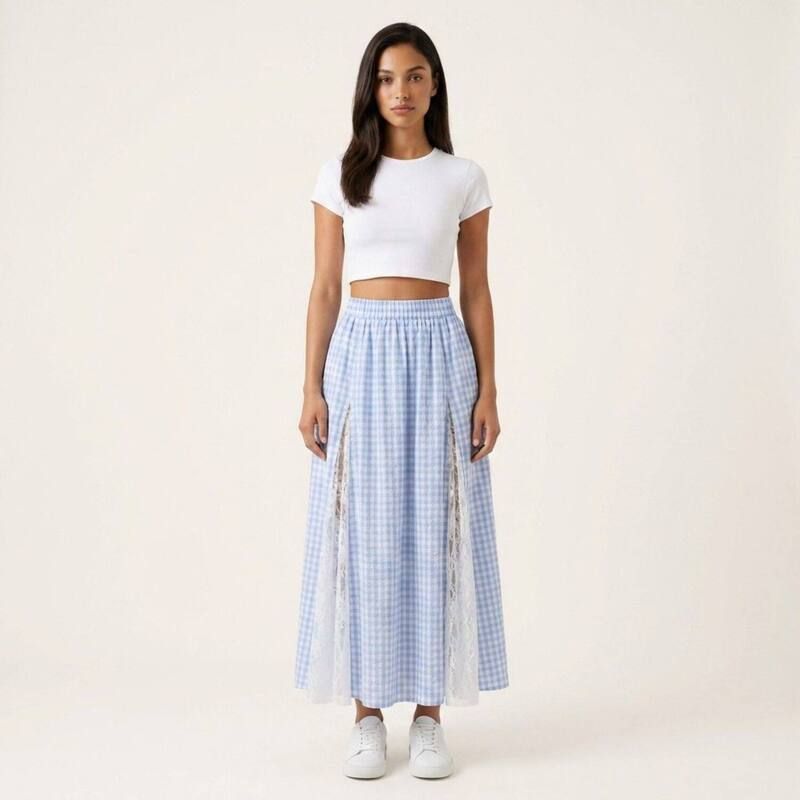 アンナカシ レディース ボトムスカート A ライン ハイウエスト ギンガムチェック レース マキシ ギンガム AnnaKaci Womens Ginghamaxi Skirt Lace Panel H