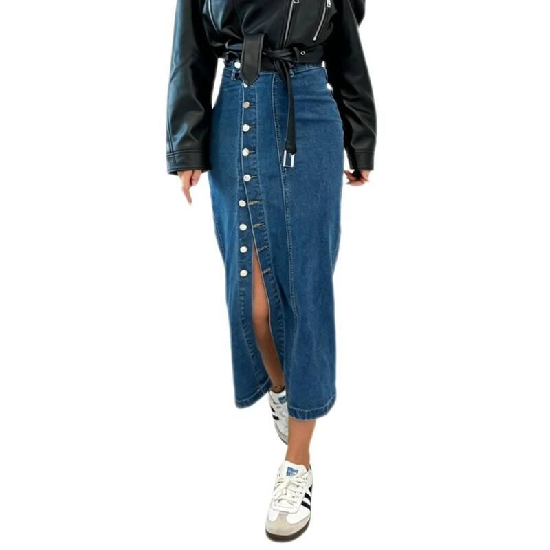 イエスファッション レディース ボトムスカート ミディ デニム Yesfashion Womens High Waistedenimidi Skirt with Button Front and Sl