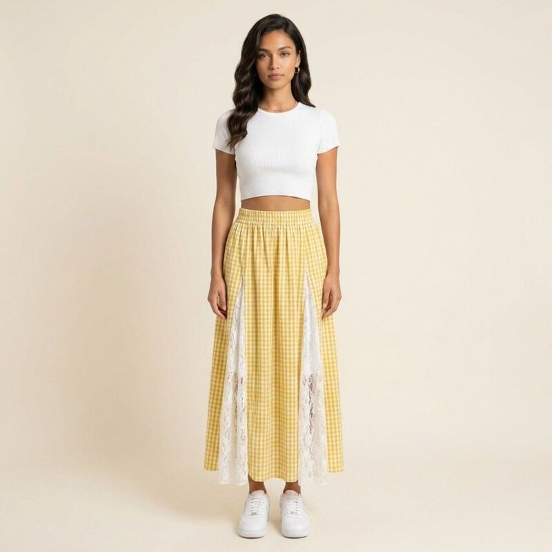 アンナカシ レディース ボトムスカート A ライン ハイウエスト ギンガムチェック レース マキシ ギンガム AnnaKaci Womens Ginghamaxi Skirt Lace Panel H