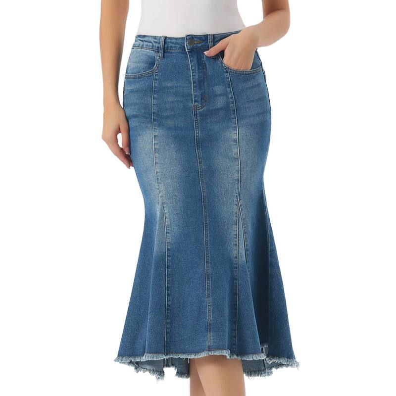 インスパイア シック レディース ボトムスカート ハイウエスト ミディ デニム INSPIRE CHIC Womens Washed Fishtail Skirt High Waist Jean De