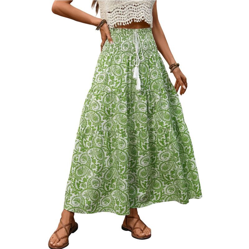 クリアフラワー レディース ボトムスカート ティアード A ライン プリント マキシ ClearFlower Womens Paisley Printie red Maxi Skirt Elastic