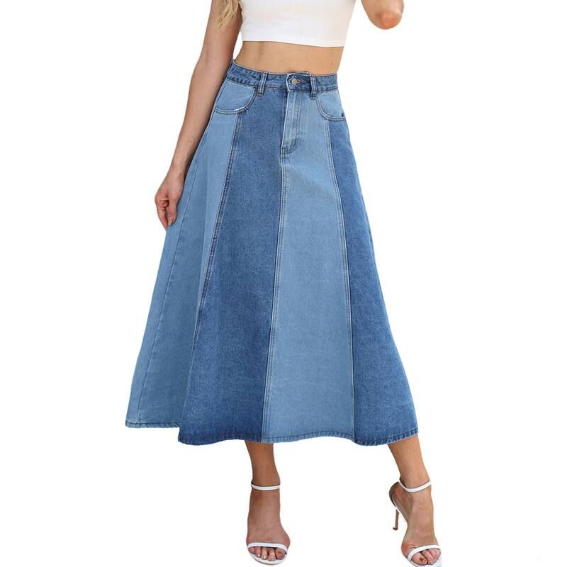 エリートスピリット レディース ボトムスカート A ライン ハイウエスト パッチワーク ミディ デニム EliteSpirit Womens High Waist Patchwork Denimidi