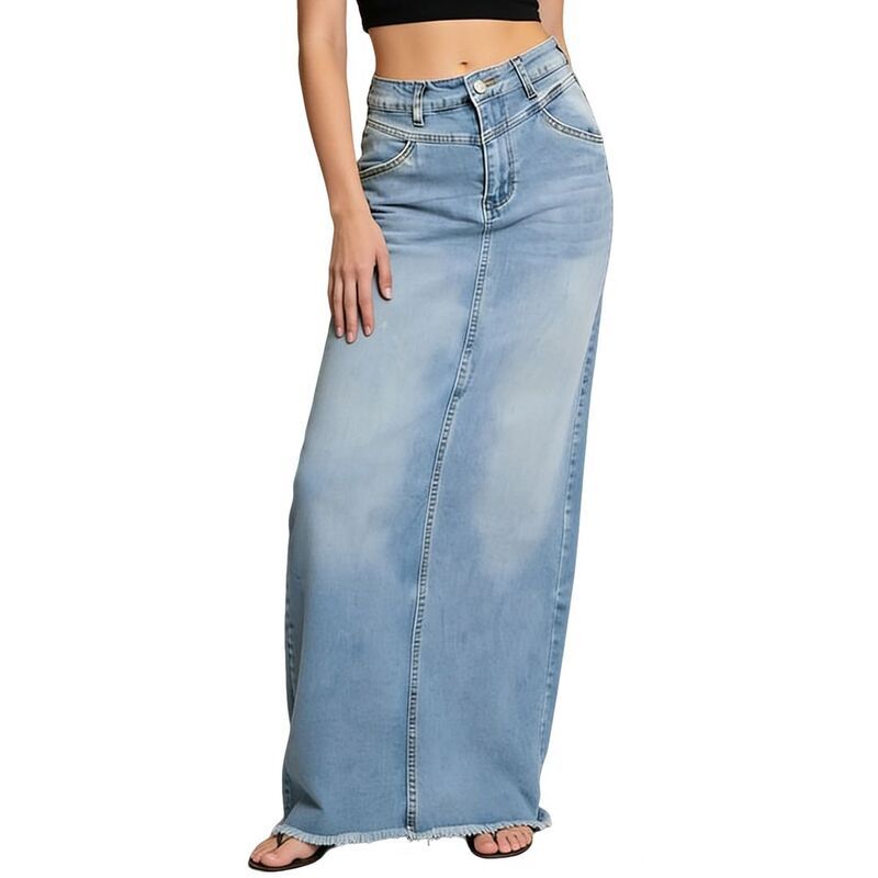 エリートスピリット レディース ボトムスカート ハイウエスト デニム マキシ EliteSpirit Womens High Waist Frayed Hem Button Casual Denima