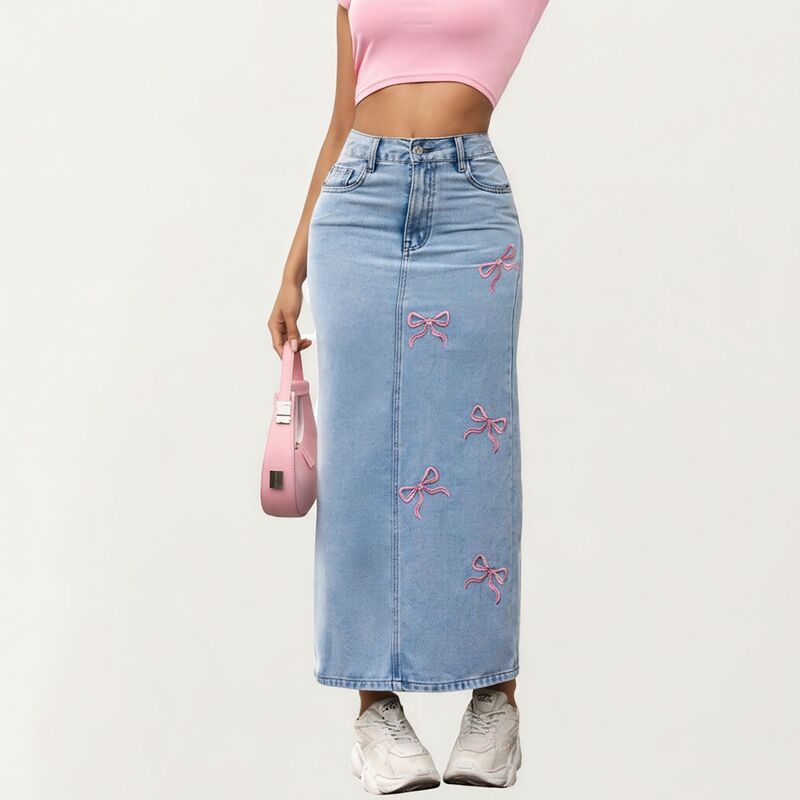 アンナカシ レディース ボトムスカート ハイウエスト 刺繍 デニム マキシ AnnaKaci Womens High Waist Denimaxi Skirt with Embroide red Bo