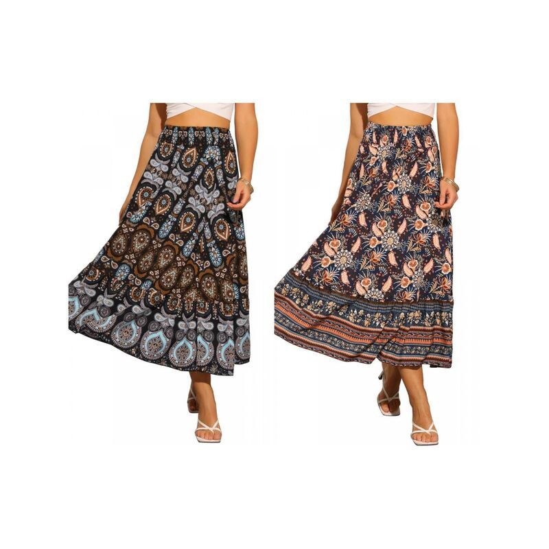 インスパイア シック レディース ボトムスカート ハイウエスト フラワー柄 マキシ フラワー INSPIRE CHIC 2 Packs Floral Skirts for Womens Boho El