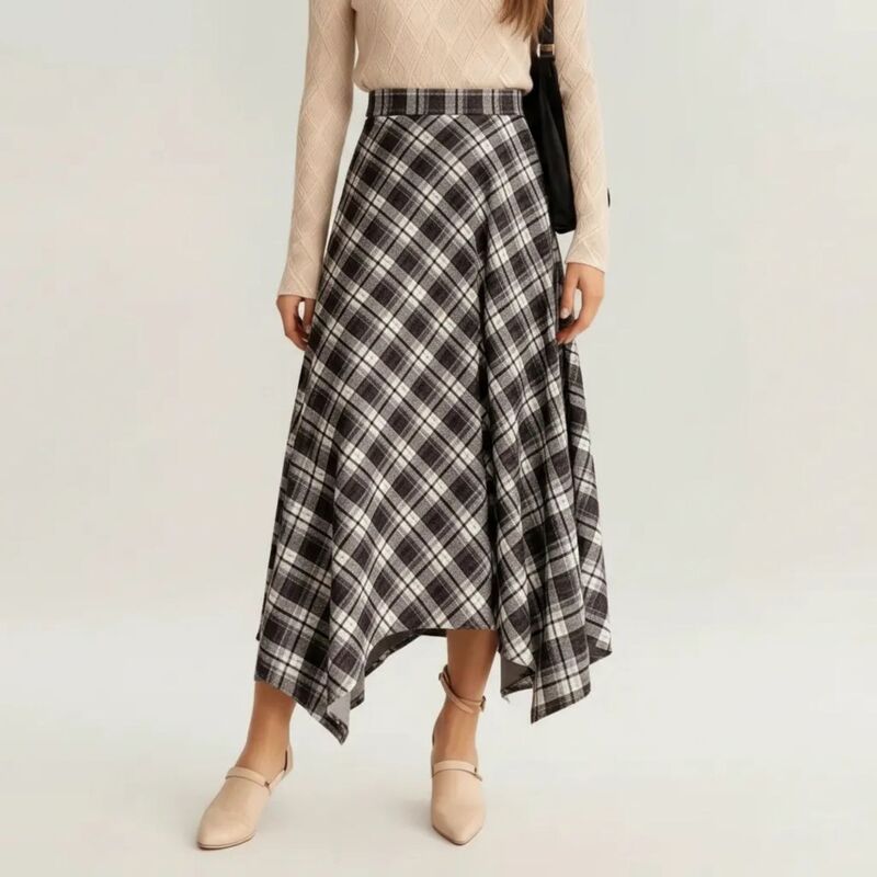 アンナカシ レディース ボトムスカート ハイウエスト ミディ AnnaKaci Womens Plaid Midi Skirt withandkerchief Hem and High Waist F