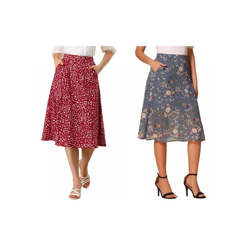インスパイア シック レディース ボトムスカート シフォン A ライン ミディ INSPIRE CHIC 2 Packs Womens Flare Below Knee Chiffon Flowy W