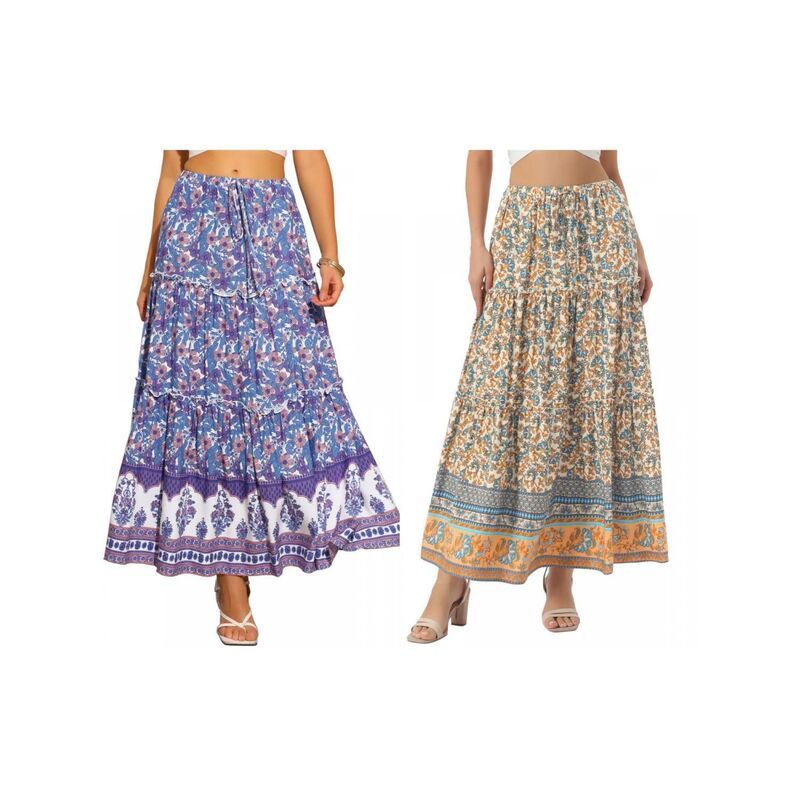 インスパイア シック レディース ボトムスカート A ライン ハイウエスト フラワー柄 プリント フリル マキシ フラワー INSPIRE CHIC 2 Packs Long Skirt for Wo