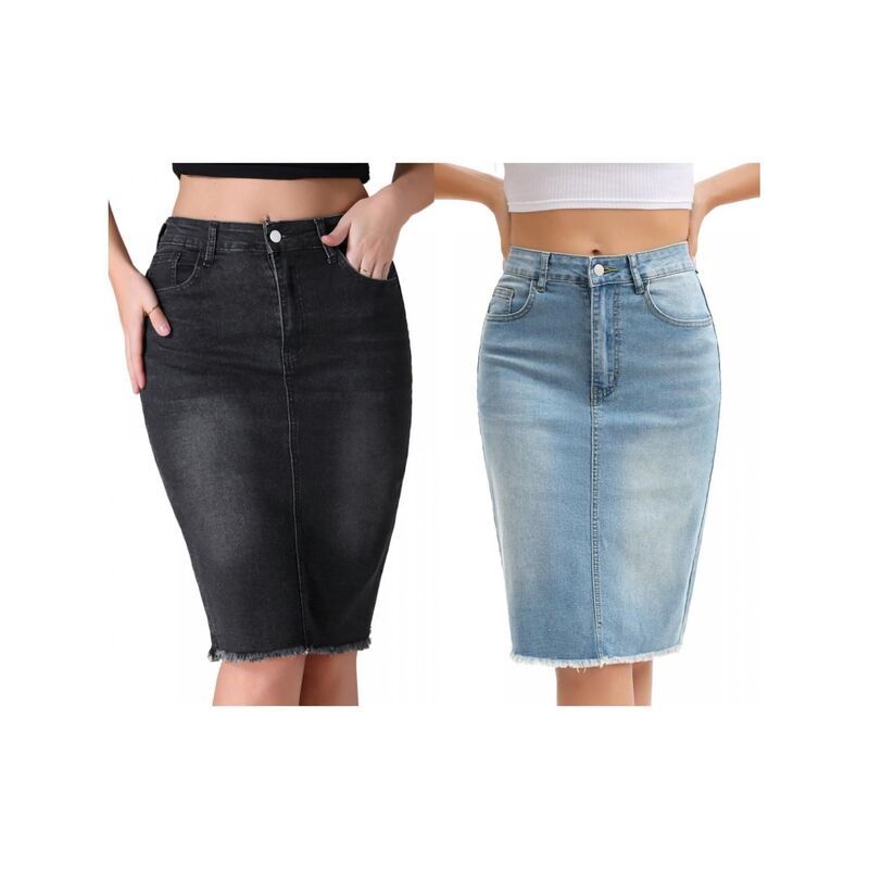 インスパイア シック レディース ボトムスカート ひざ丈 デニム INSPIRE CHIC 2 Packs Womens Denim Skirt Raw Hem High Waisted Pocket