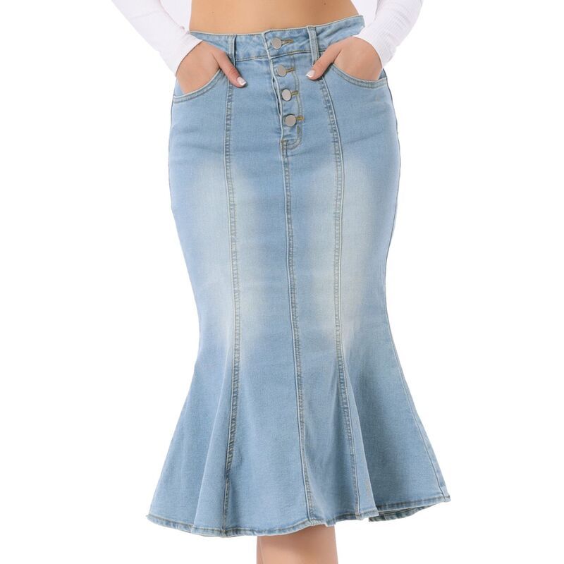 アレグラ ケー レディース ボトムスカート デニム マキシ ALLEGRA K Fishtail Maxi Denim Skirt for Womens Distressed Skirt Light