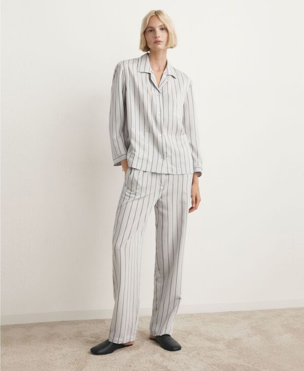 マンゴ レディース アンダーウェア ナイトウェア シャツ MANGO Womens Front Pocket Striped Pajama Shirt Gray グレー