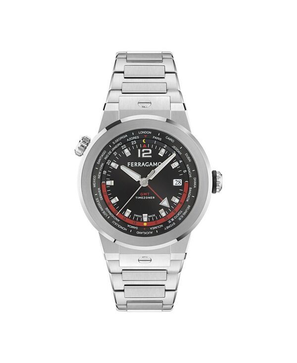 フェラガモ メンズ アクセサリー 腕時計 Tシャツ Ferragamo Mens F80 GMT Worldtime Silver Stainlessteel Bracelet Watch 43mm