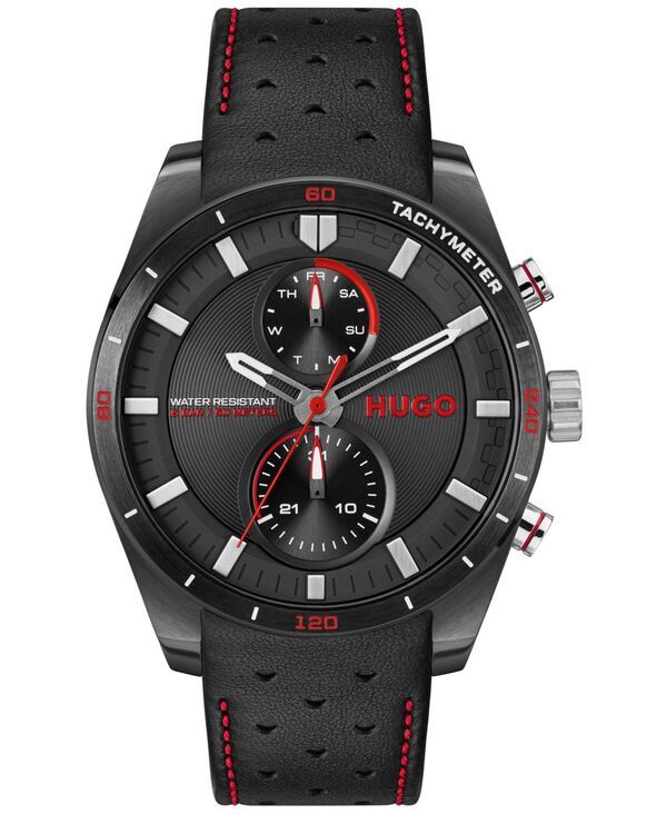 ヒューゴボス メンズ アクセサリー 腕時計 レザー Hugo Boss Mens Fast Quartz Multifunction Black Leather Watch 44mm Black ブラ