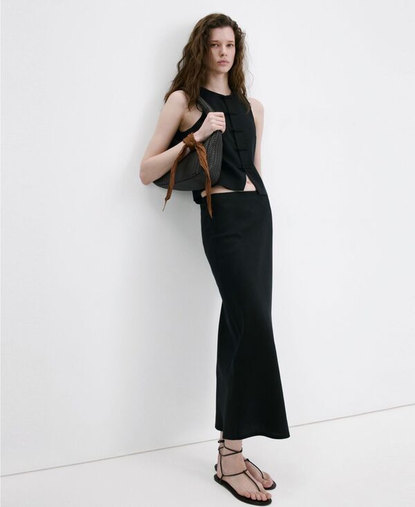 マンゴ レディース ボトムスカート リネン MANGO Womens LinenBlend Straight Skirt Black ブラック