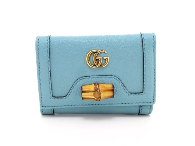 GUCCI グッチ ダブルG ダイアナ ミディアムウォレット ブルー レザー/バンブ658633 三つ折り財布 レザー ブルー レディース【中古】437
