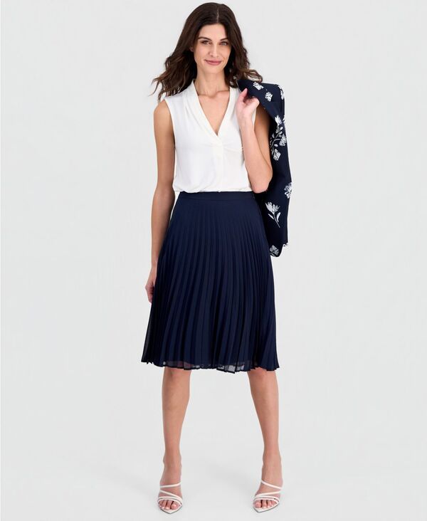 タハリエーエスエル レディース ボトムスカート シフォン プリーツ ミディ Tahari ASL WomensolidColor Pleated Chiffon Midi Skirt New Navy