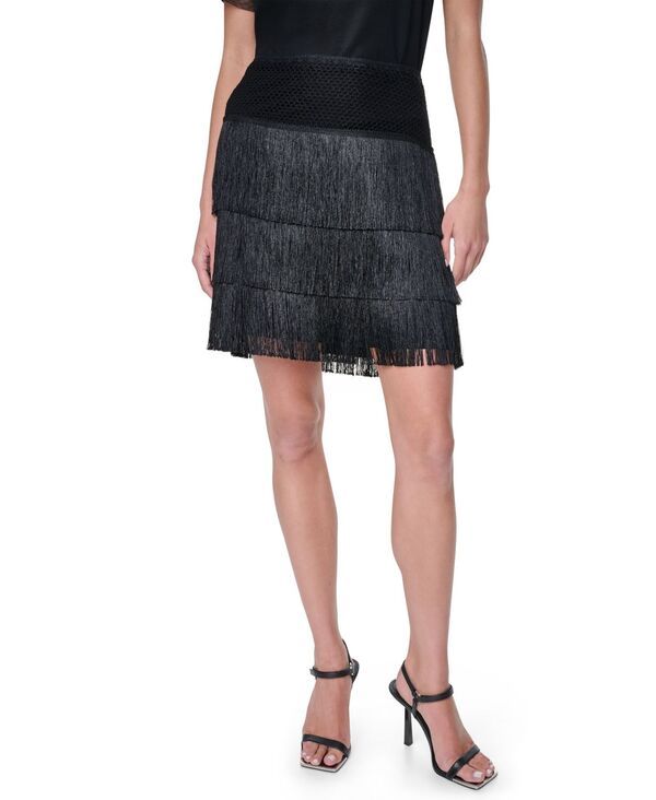 ダナ キャラン ニューヨーク レディース ボトムスカート フリンジ DKNY Womens Crochet Waist Fringe Skirt Black ブラック