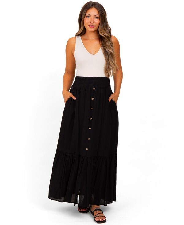 ピンクブラッシュ レディース ボトムスカート シャーリング マキシ Pinkblush Womens Black Smocked Waist Button Accent Maxi Skirt Blac