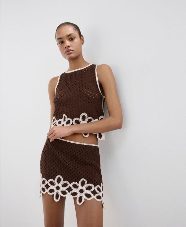 マンゴ レディース ボトムスカート フラワー柄 フラワー MANGO Womens Floral Embroidery Crocheted Skirt Brown ブラウン