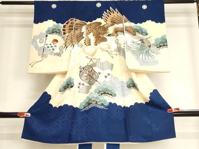 平和屋着物[]お宮参り　男の子　祝着　産着　初着　のしめ　駒刺繍　鷹　地紙松文　金彩　逸品　AABJ5349ja