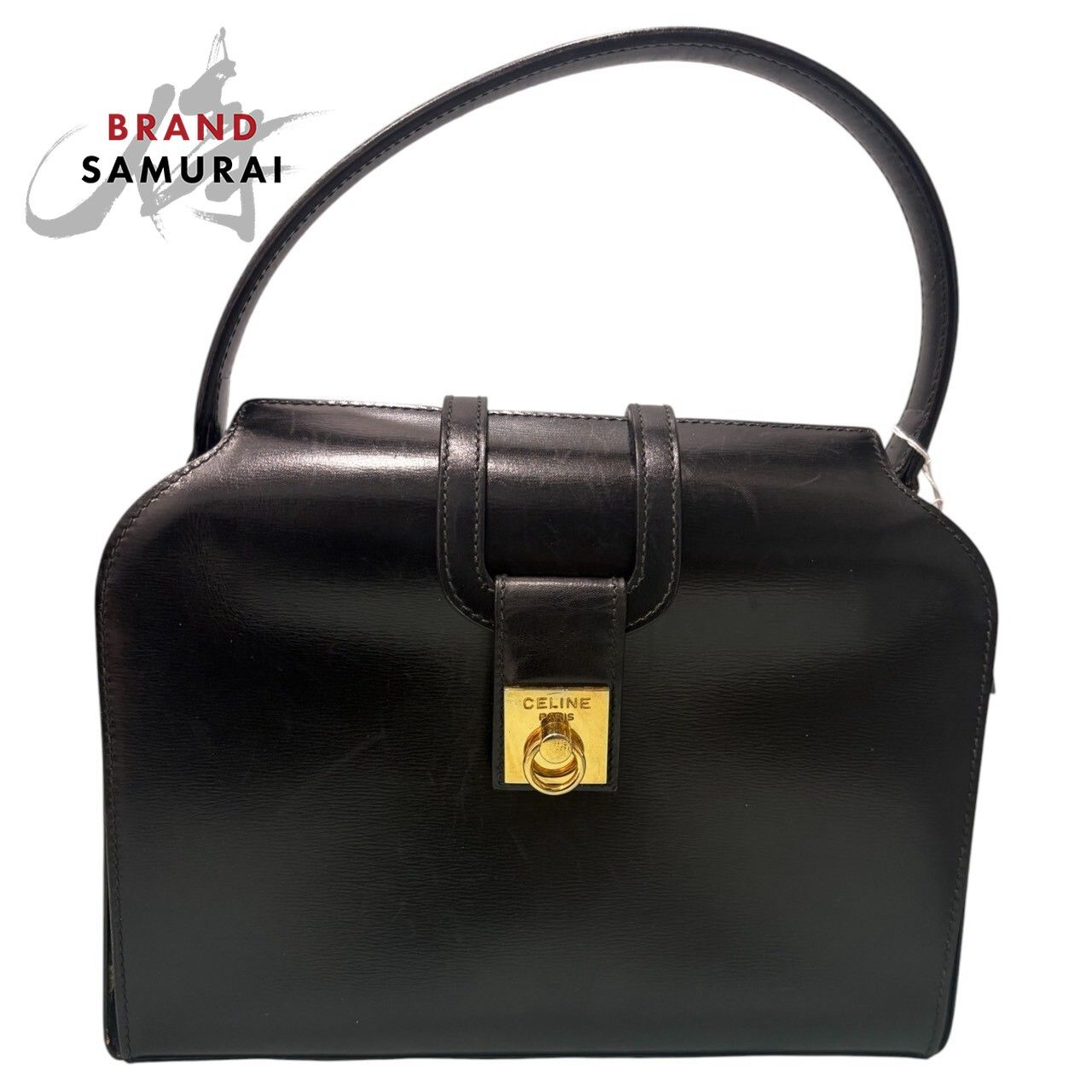 CELINE セリーヌ カーフレザー ブラック ゴールド金具 ボックスカーフ ハンドバッグ レディース S1-00163【中古】