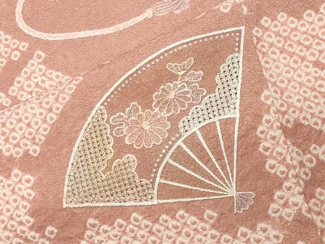 平和屋着物○中国三大刺繍 スワトウ刺繍 訪問着 絞り 扇面花文 金彩