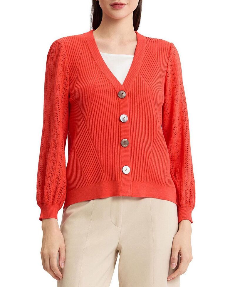 ミソック レディース アウター カーディガン リブ ニット Misook Heritage Pointelle Ribbed Soft Knit Cardigan Cherry Ember