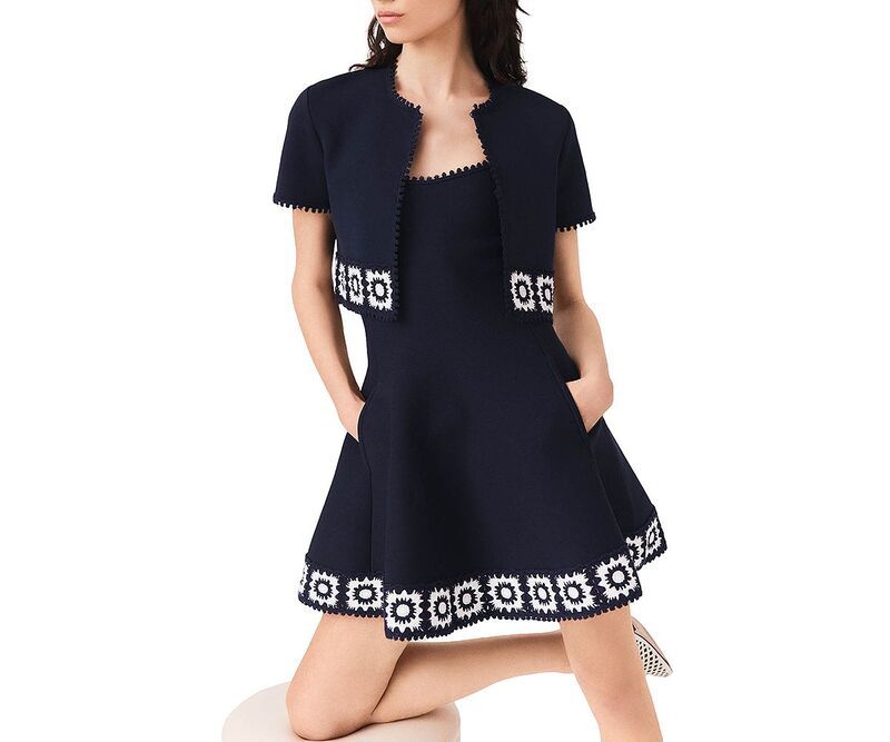 マージュ レディース アウター カーディガン クロップド Maje Crochet Panel Cropped Cardiga navy ネイビー