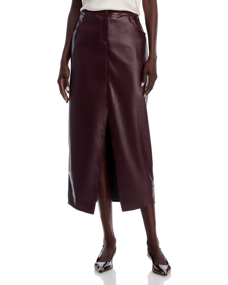 ミソック レディース ボトムスカート フロントスリット ミディ レザー フェイクレザー Misook Faux Leather Front Slit Midi Skirt Mahogany