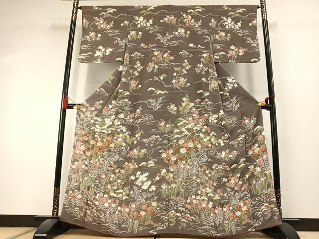 平和屋着物○訪問着 草花文 金彩 鬼しぼ縮緬 正絹 逸品 AABK8001fy