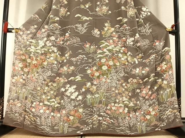 平和屋着物○訪問着 草花文 金彩 鬼しぼ縮緬 正絹 逸品 AABK8001fy