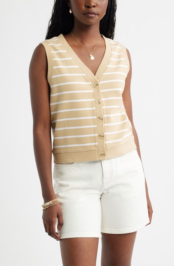 キャスロン レディース アウター パーカー・スウェット ニット Caslon Button Front Knitank TAN WHITE STRIPE ホワイト