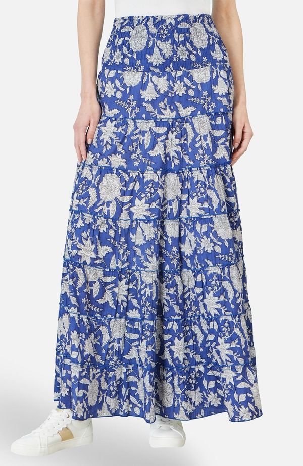 ユミキム レディース ボトムスカート ティアード フラワー柄 コットン マキシ フラワー Yumi Floral Cotton Tie red Maxi Skirt Blue ブルー
