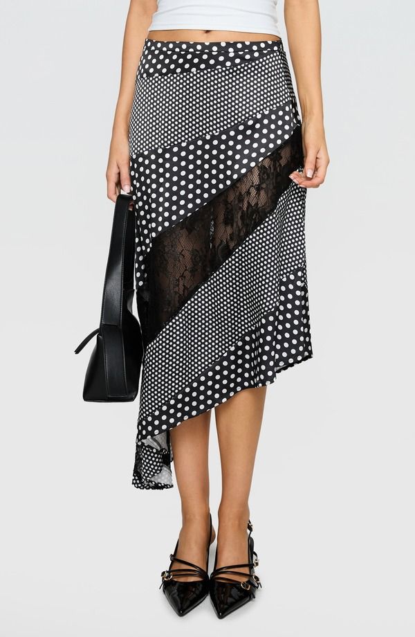 プリンセスポリー レディース ボトムスカート ドット柄 アシンメトリー ドット ミディ レース Princess Polly Midnight Memories Mixed Polka Dot Lac