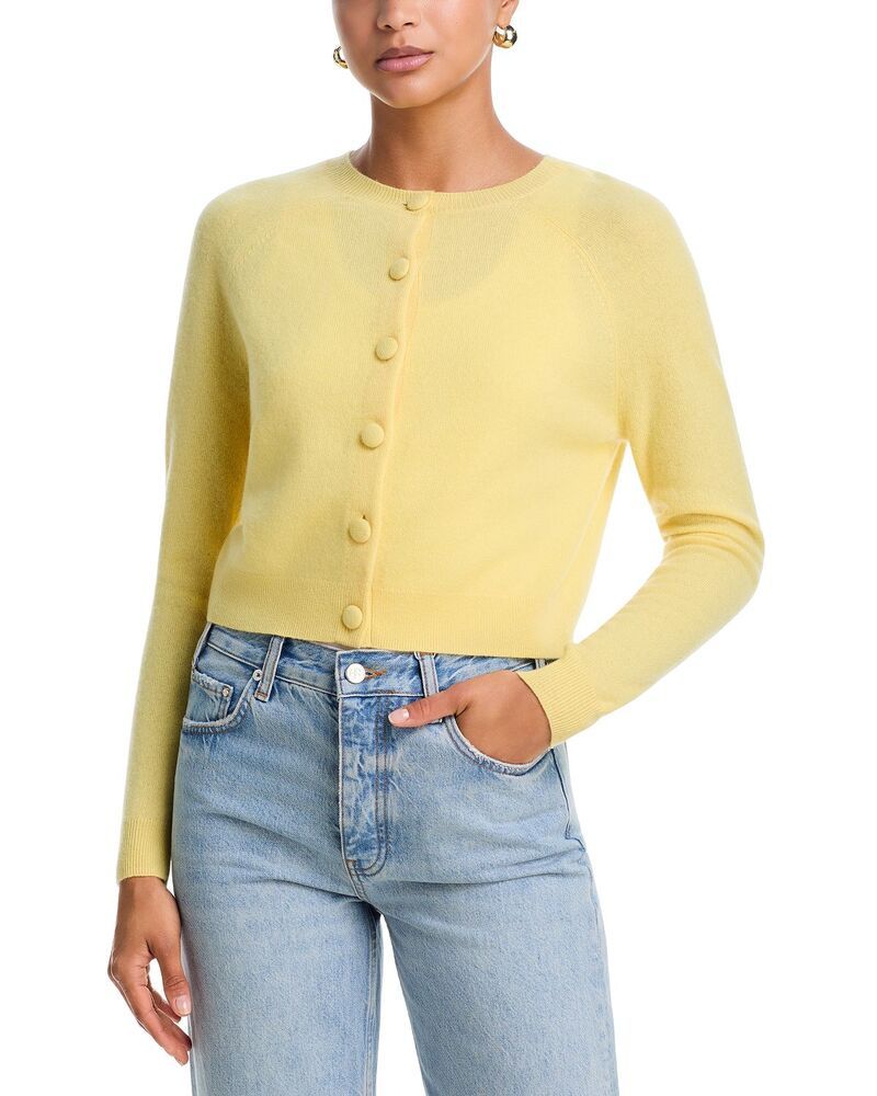 アクア レディース アウター カーディガン クルーネック AQUA 100 Cashmere Crewneck Cardigan Exclusive Butter Yellow イエロー