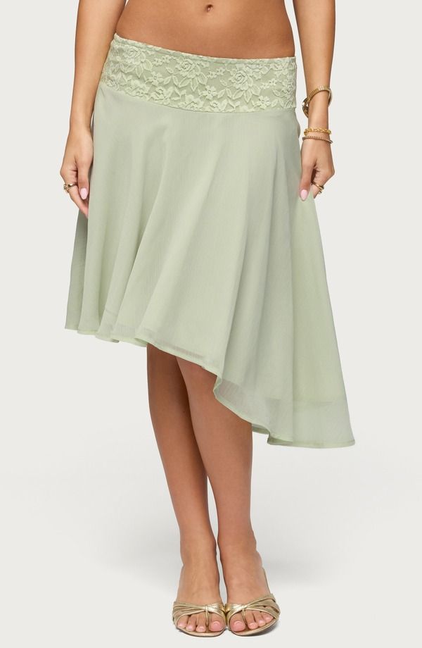 アディクテッド レディース ボトムスカート アシンメトリー ミディ レース EDIKTED Evia Lacey Asymmetric Midi Skirt SAGE セージ