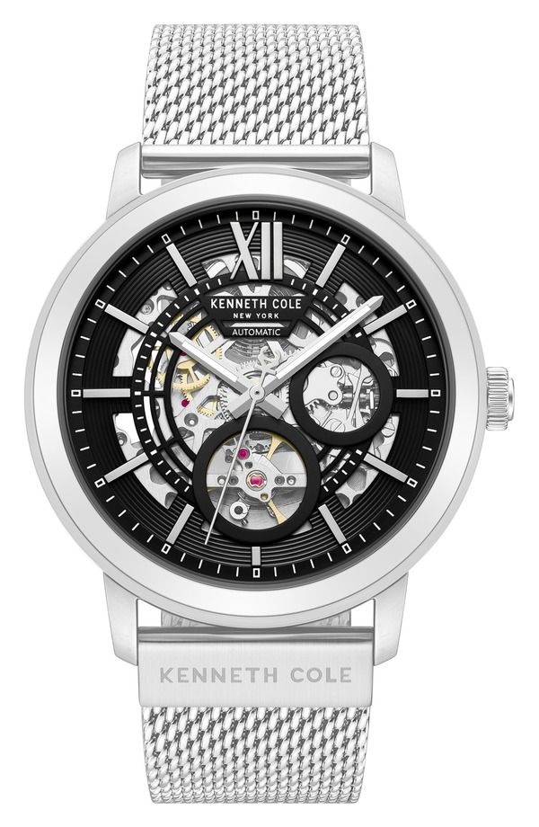 ケネスコール メンズ アクセサリー 腕時計 メッシュ Kenneth Cole New York Pacific Skeleton Dial Automatic Mesh Strap Watch 43